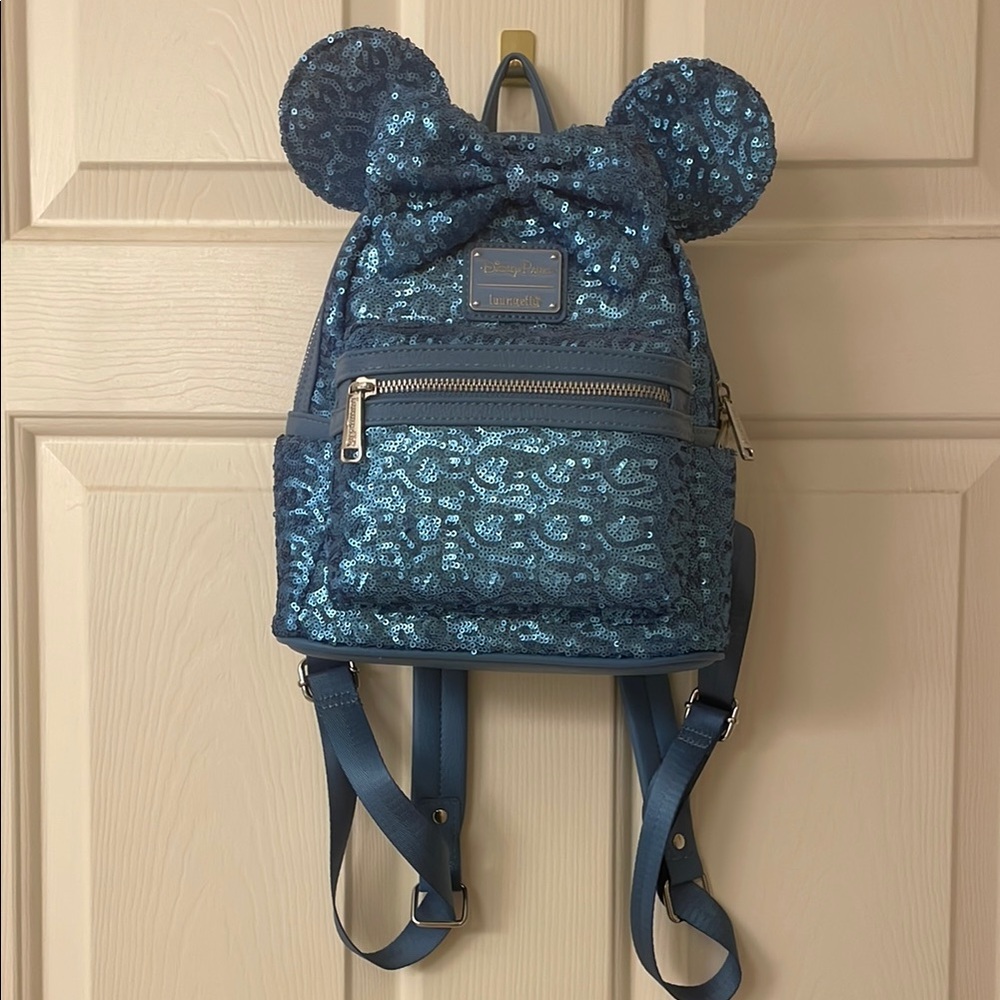 Loungefly Blue Sequin Minnie Mouse Backpack with Ears